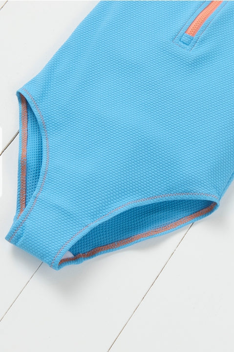 Grass & Air Cornflower Blue Ribbed Kids Long Sleeve Swimsuit