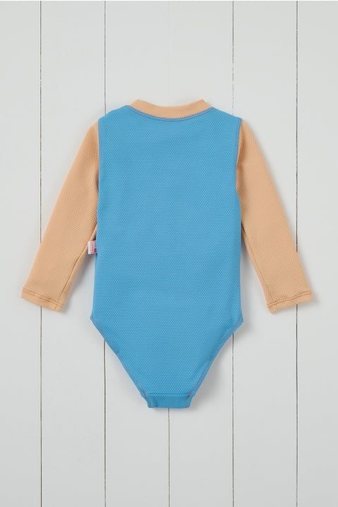 Grass & Air Cornflower Blue Ribbed Kids Long Sleeve Swimsuit