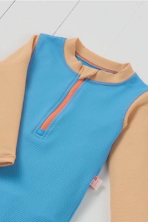 Grass & Air Cornflower Blue Ribbed Kids Long Sleeve Swimsuit