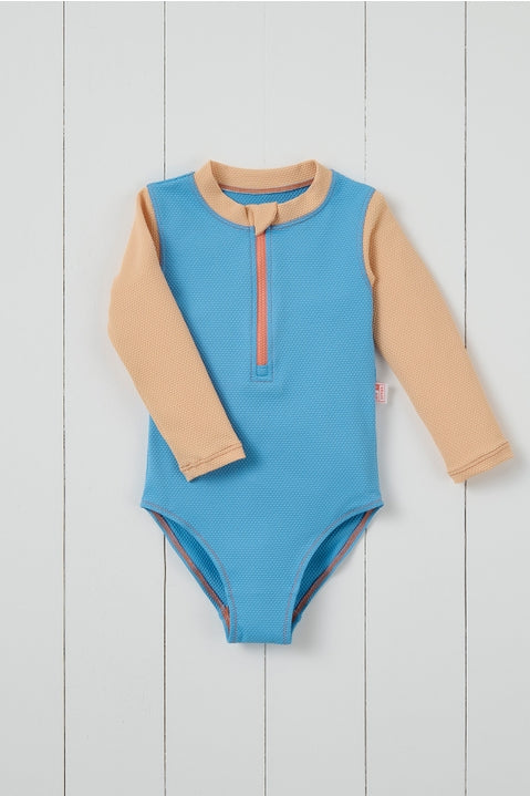 Grass & Air Cornflower Blue Ribbed Kids Long Sleeve Swimsuit